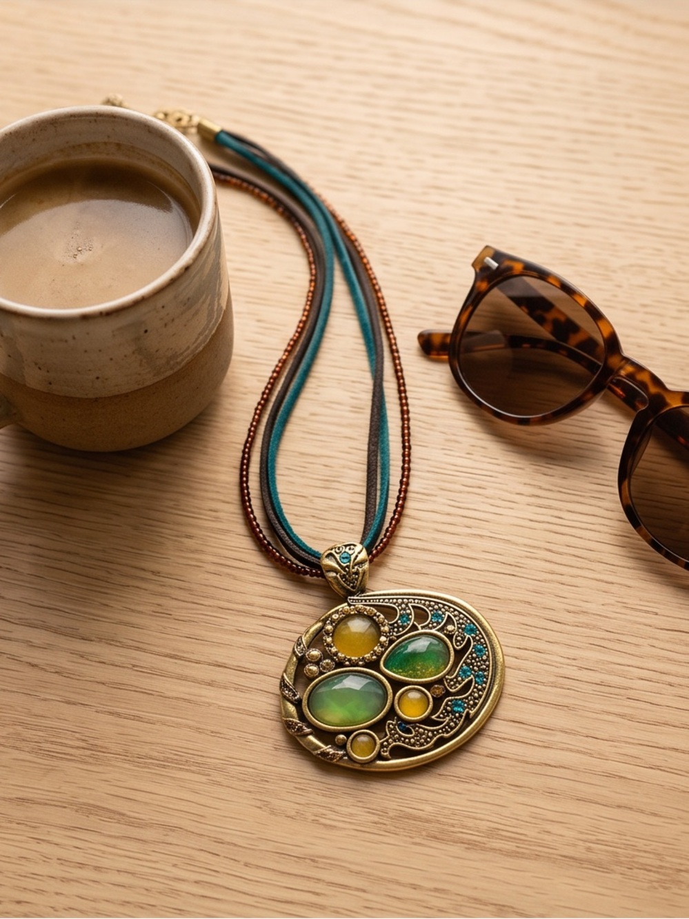 Boho Olive Green, Turquoise & Amber Rhinestone Pendant Necklace 19” - 22”